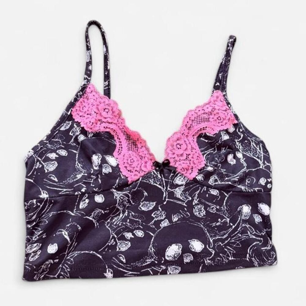 Grunge black & white sketch floral pink lace trim cami top, est. S